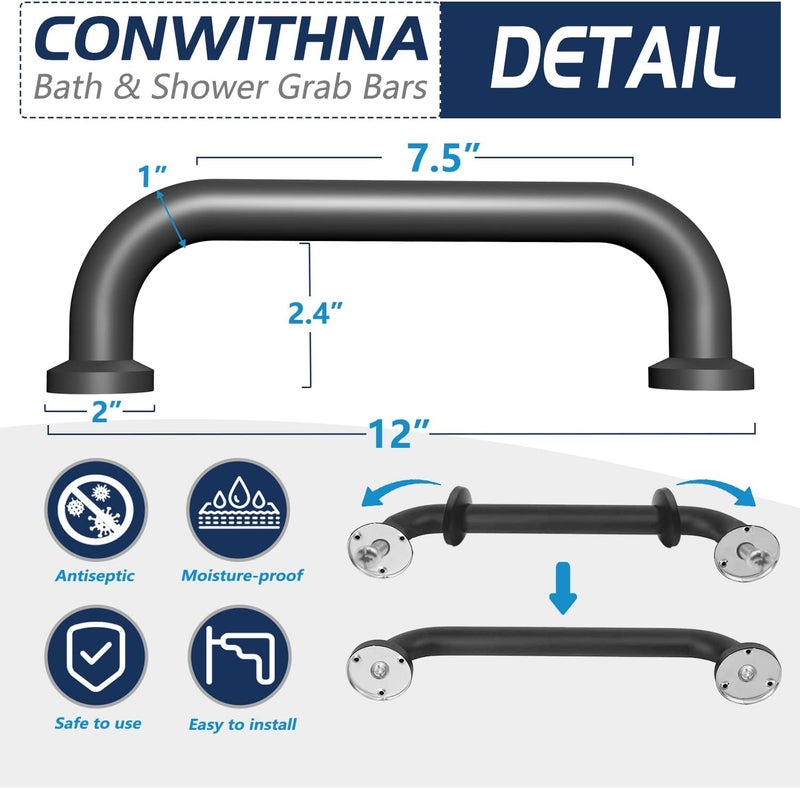 Conwithna One Pack 12 Inch Matte Black Shower Grab Bar Stainless Steel Safety Hand Rail Support for Showers Bathroom Balance Bar Safety Hand Rail Handicap Bath Handle Senior Assist Bar Home Care Bath Handrail - Image 2